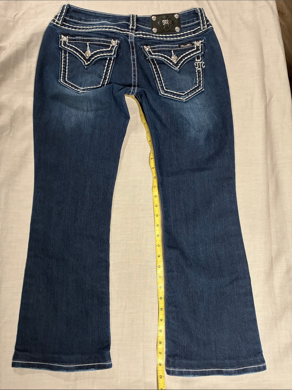 Miss Me Women’s Dark Blue Signature Bootcut Saddle Stitch Jeans, Size 31/30